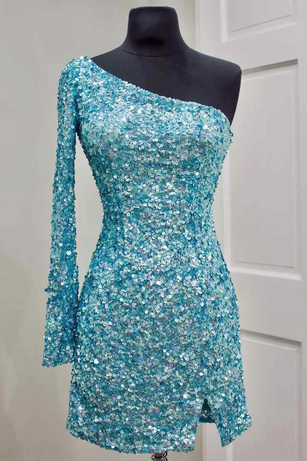 Glittery Royal Blue Sequins Semi Formal Dress with Sleeves