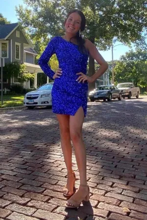 Glittery Royal Blue Sequins Semi Formal Dress with Sleeves