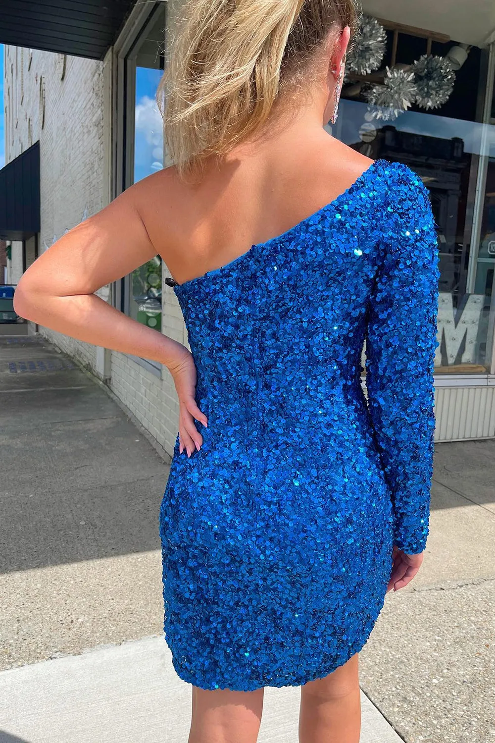 Glittery Royal Blue Sequins Semi Formal Dress with Sleeves