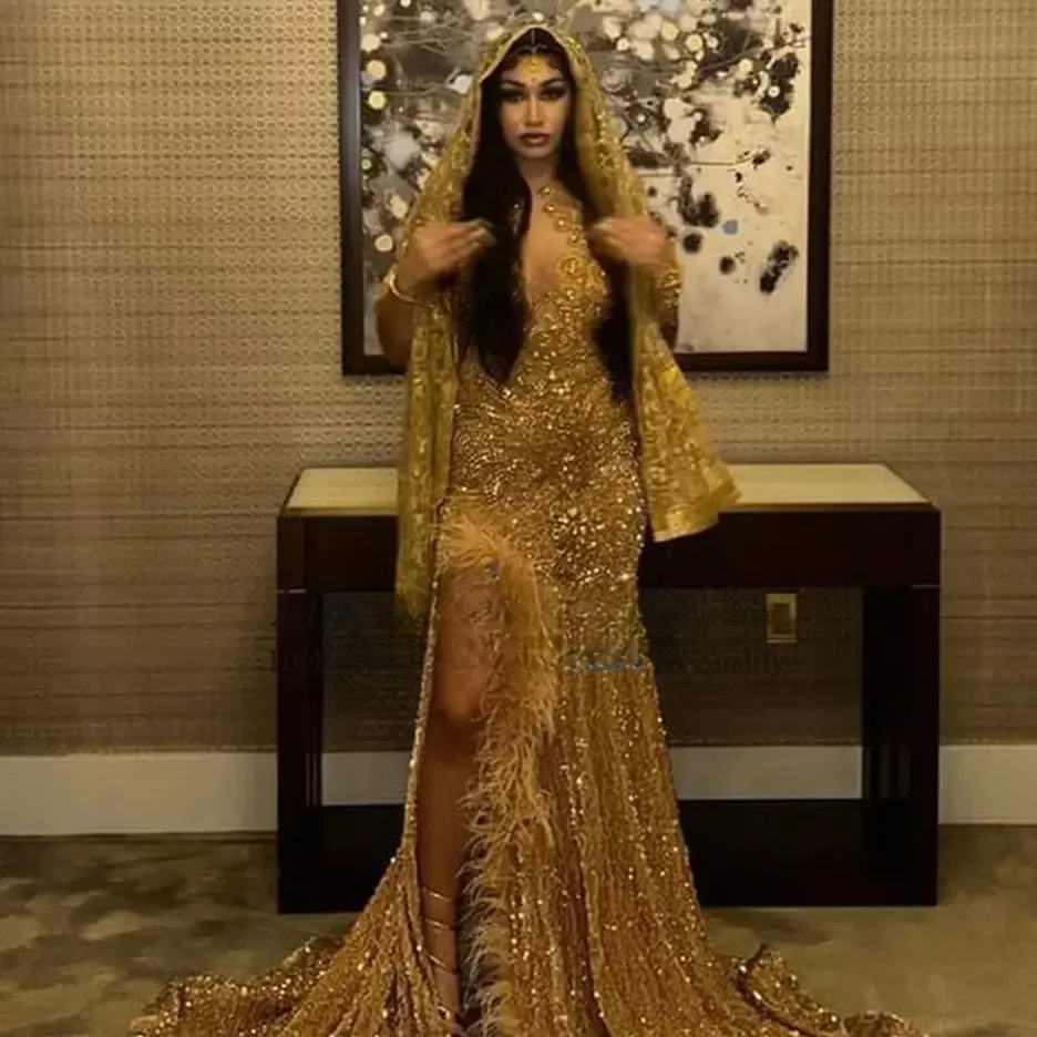 Gold Prom Dresses Long Sparkly,Split Formal Dress