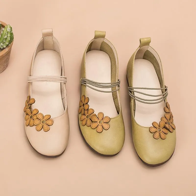 Handmade Leather Flat Mary Jane Shoes For Womens Flowers Round Toe Apricot/Green