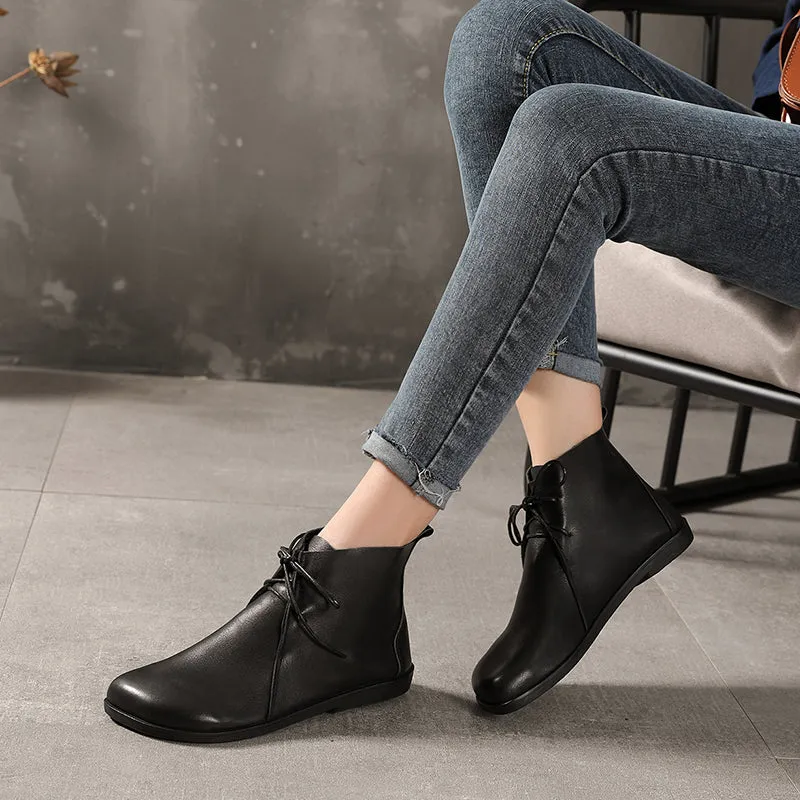 Handmade Soft Leather Barefoot Ankle Boots Retro Round Toe Short Boots Women Mori Girl Boots