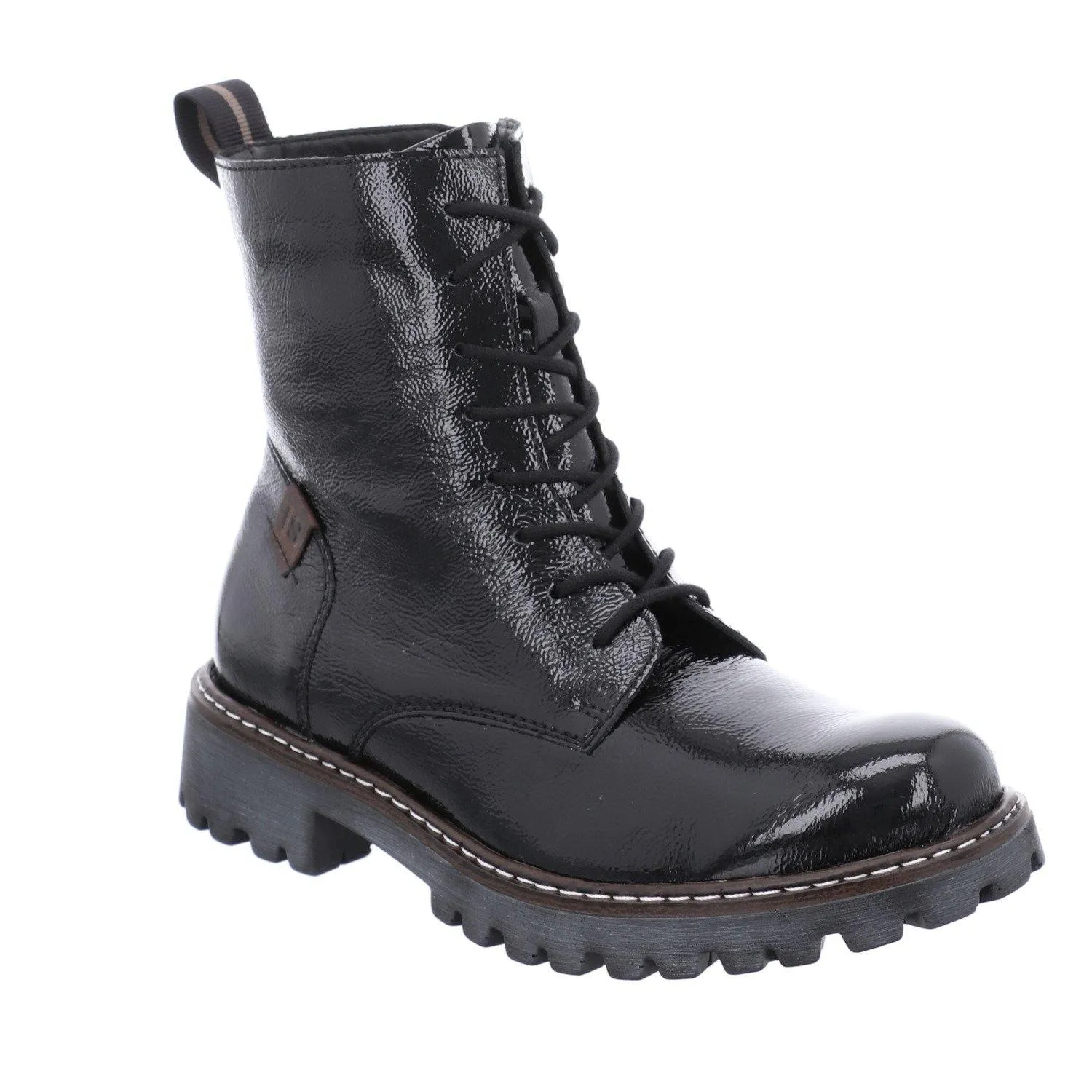 Josef Seibel Marta 02 Combat Boot in Black Patent & Castagne Suede