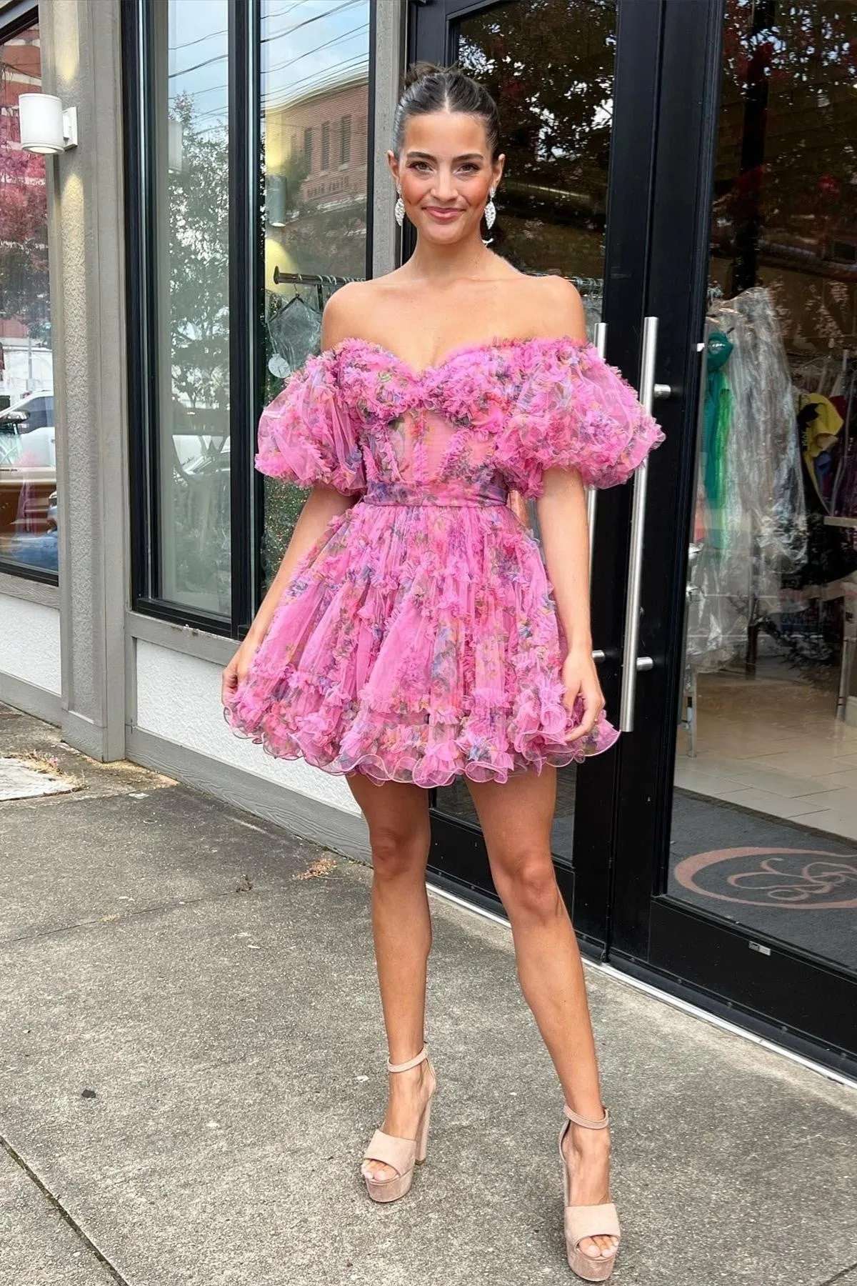 Lavender & Fuchsia Off-the-Shoulder Ruffles Homecoming Dress