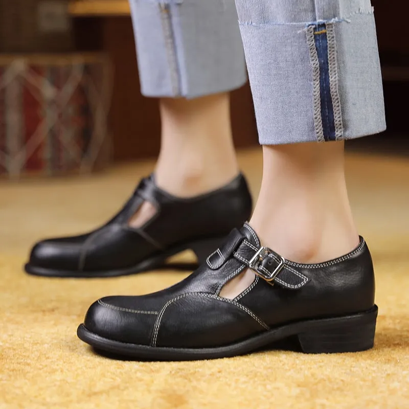 Leather T-strap Mary Jane Shoes For Women Round Toe in Black/Coffee