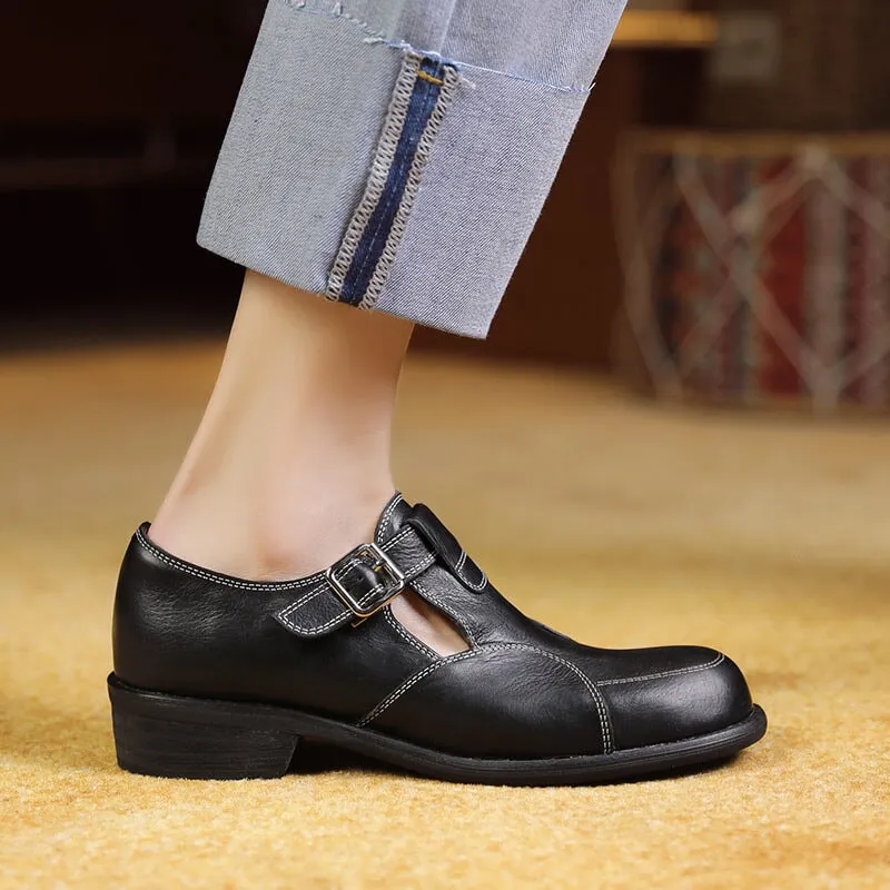 Leather T-strap Mary Jane Shoes For Women Round Toe in Black/Coffee