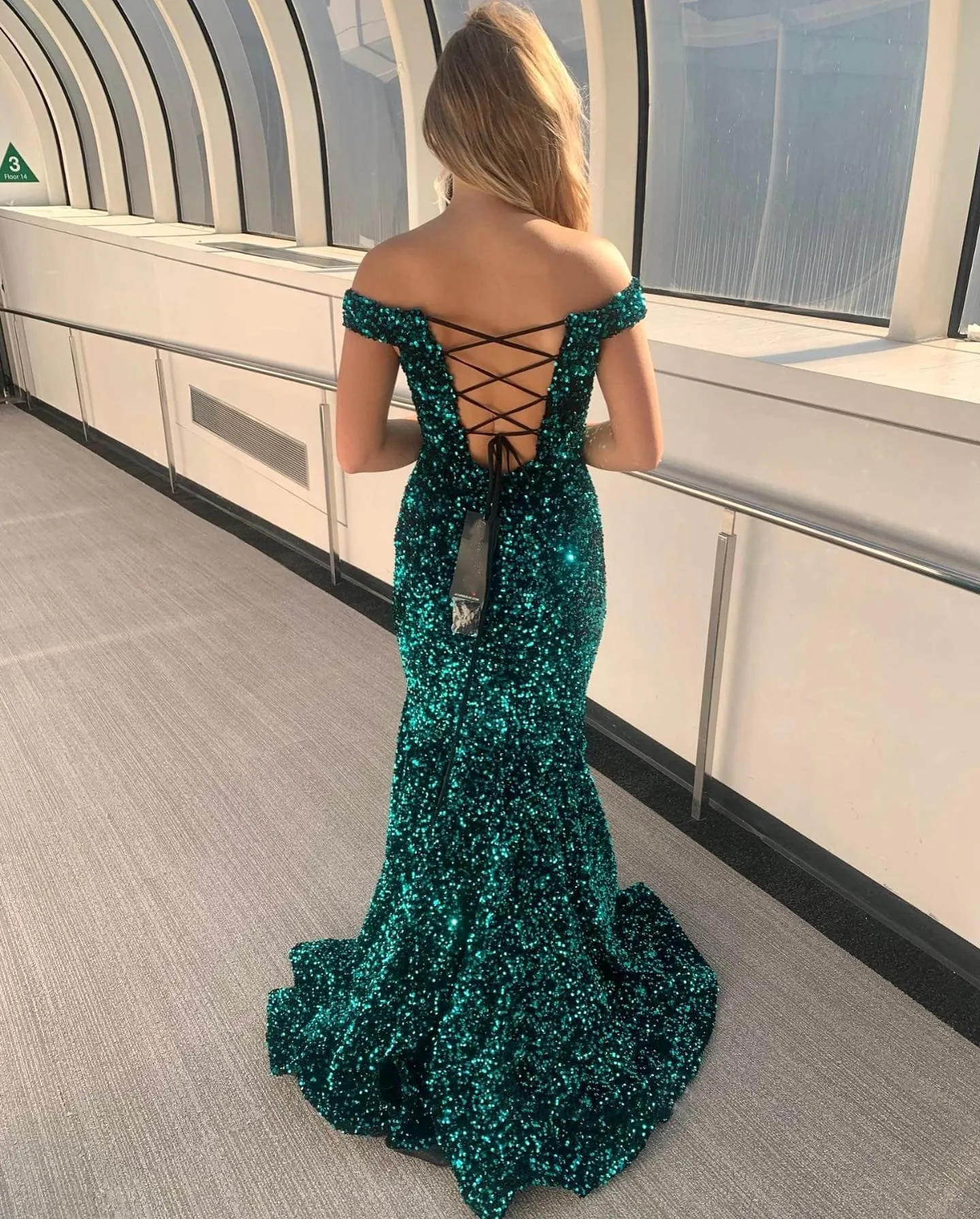 Light Blue Sequin Prom Dresses Mermaid Off the Shoulder Evening Dress