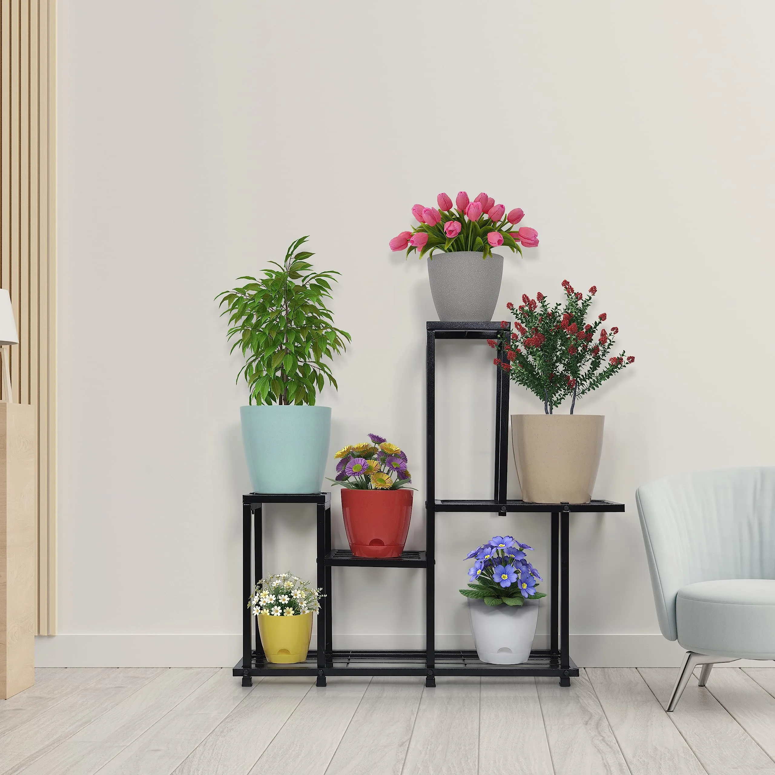 Livzing 5 Tier Metal Planter Stand-Multiple Pot Stand-Display Rack-Multipurpose Flower Pot Rack-Step Tiered Plant Stand-Modern Gamla Stand For Indoor Outdoor-Balcony-Garden-Living Room-Decor-Black