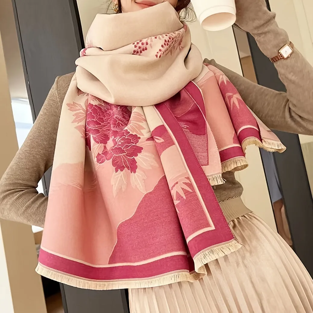 Luxury Double Sided Jacquard Scarf - Landscape Pattern, Thick & Warm, Fringed Shawl - Windproof Winter Outdoor Accessory