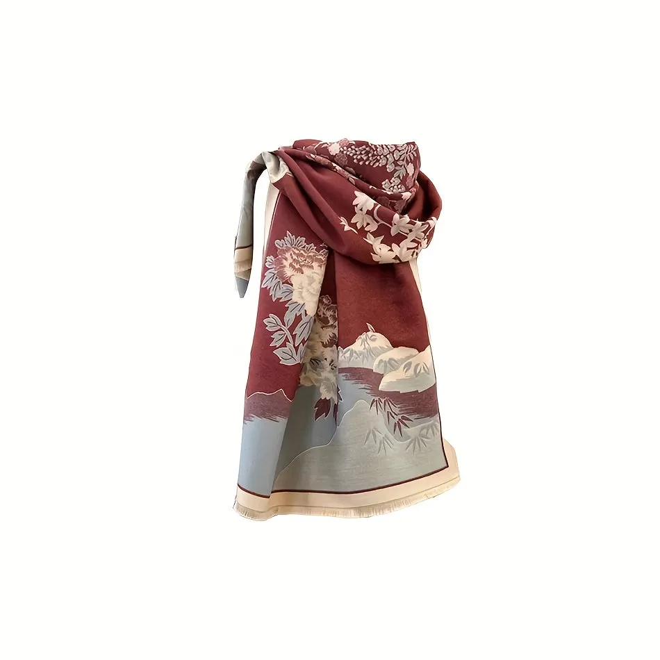 Luxury Double Sided Jacquard Scarf - Landscape Pattern, Thick & Warm, Fringed Shawl - Windproof Winter Outdoor Accessory