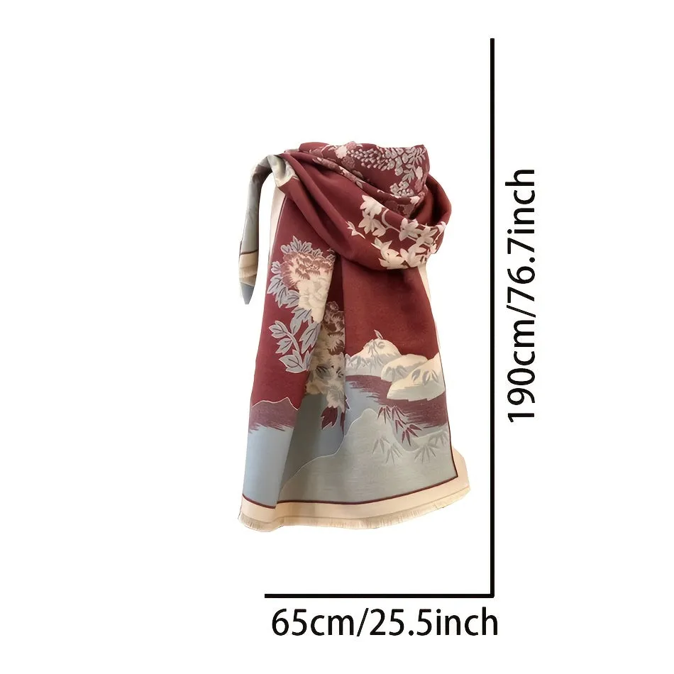 Luxury Double Sided Jacquard Scarf - Landscape Pattern, Thick & Warm, Fringed Shawl - Windproof Winter Outdoor Accessory