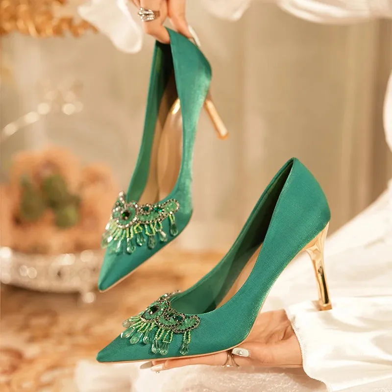 Luxury Green Silk High Heels Pumps Women Rhinestone Pointed Toe Dress Shoes Woman Stiletto Heels Shallow Banquet Shoes Female