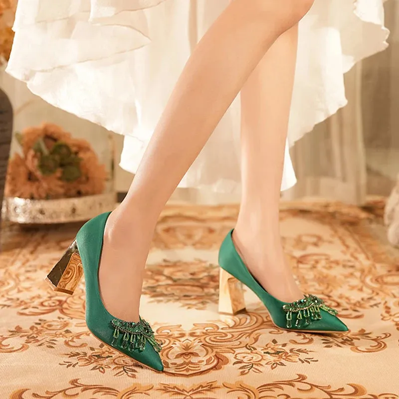 Luxury Green Silk High Heels Pumps Women Rhinestone Pointed Toe Dress Shoes Woman Stiletto Heels Shallow Banquet Shoes Female