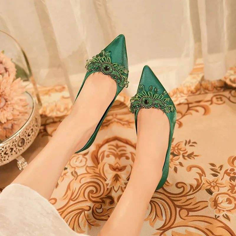 Luxury Green Silk High Heels Pumps Women Rhinestone Pointed Toe Dress Shoes Woman Stiletto Heels Shallow Banquet Shoes Female