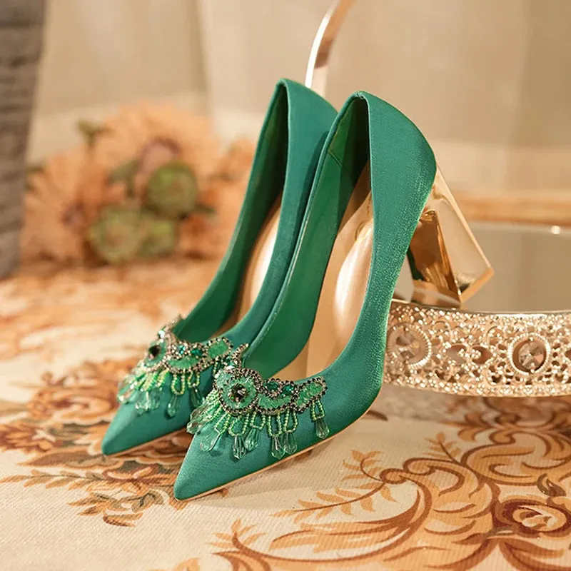 Luxury Green Silk High Heels Pumps Women Rhinestone Pointed Toe Dress Shoes Woman Stiletto Heels Shallow Banquet Shoes Female