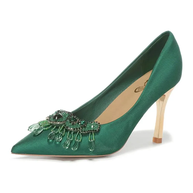 Luxury Green Silk High Heels Pumps Women Rhinestone Pointed Toe Dress Shoes Woman Stiletto Heels Shallow Banquet Shoes Female