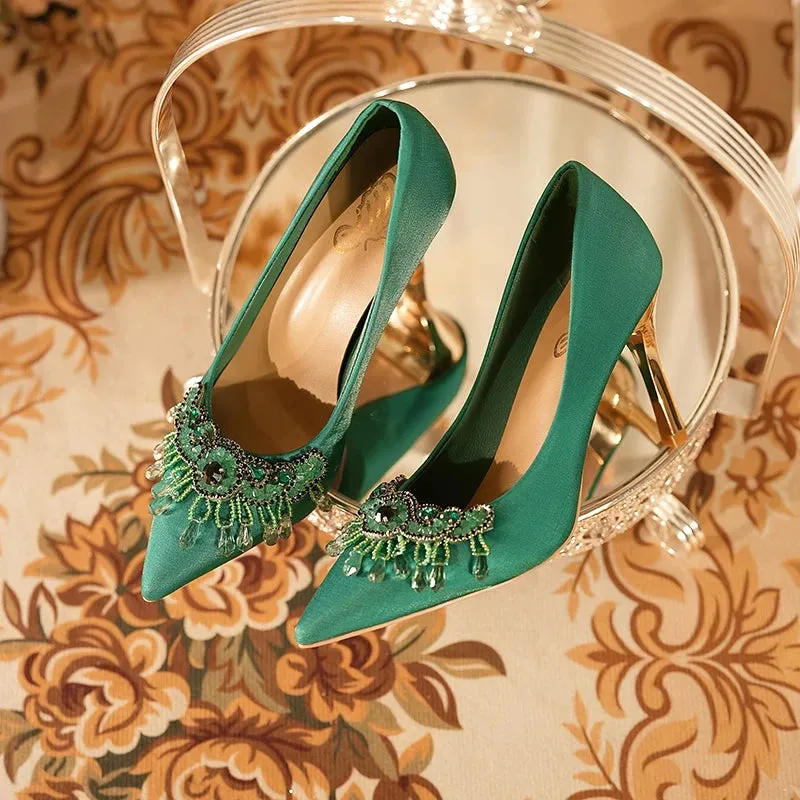 Luxury Green Silk High Heels Pumps Women Rhinestone Pointed Toe Dress Shoes Woman Stiletto Heels Shallow Banquet Shoes Female