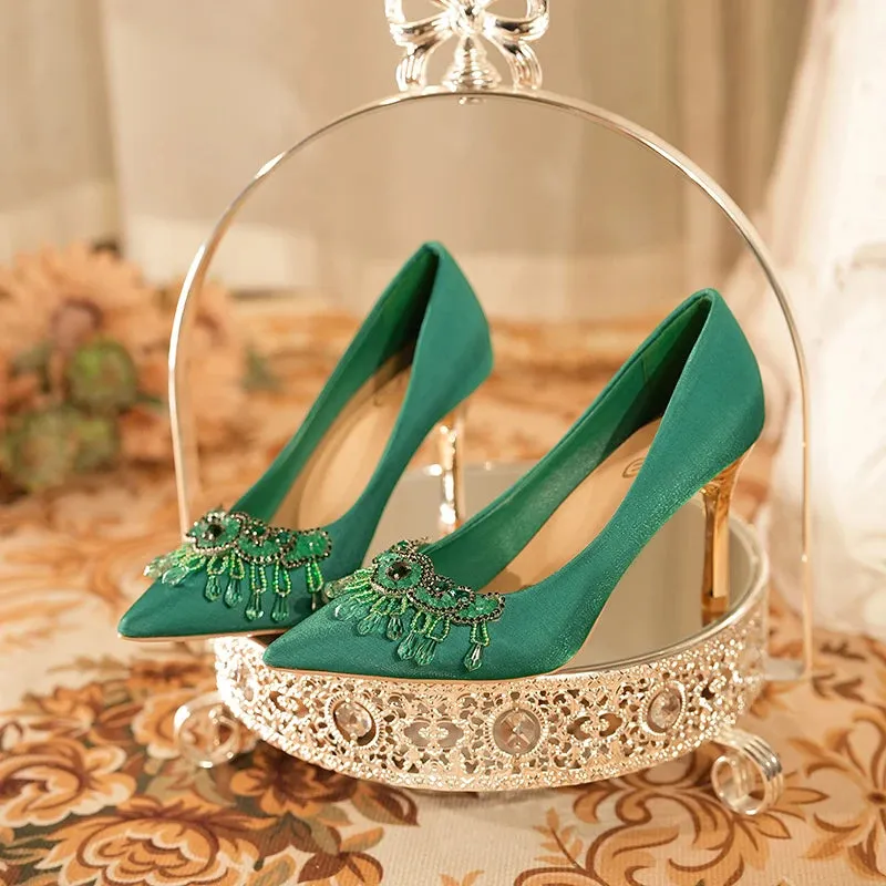 Luxury Green Silk High Heels Pumps Women Rhinestone Pointed Toe Dress Shoes Woman Stiletto Heels Shallow Banquet Shoes Female