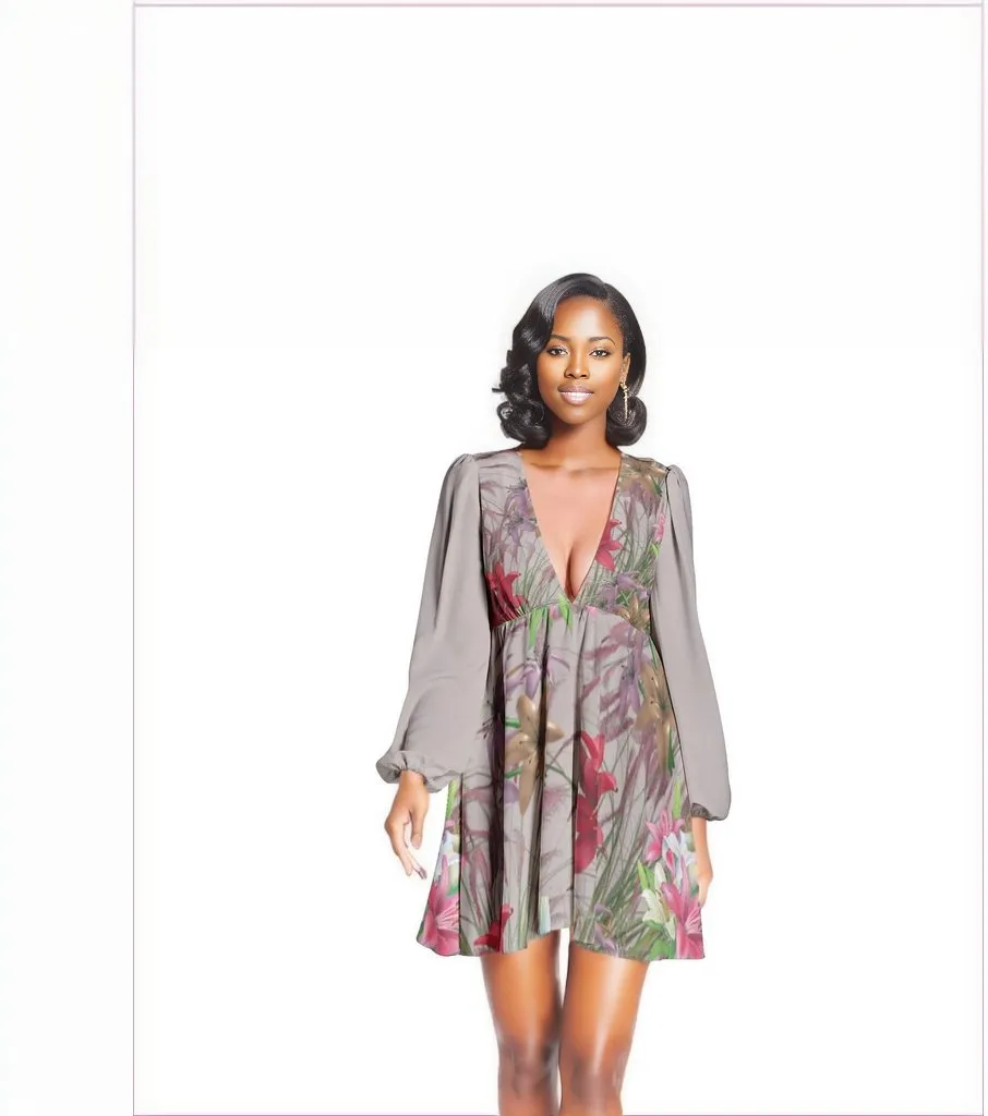 Mauve Gold Floral Lantern Sleeve Deep V-Neck Short Dress