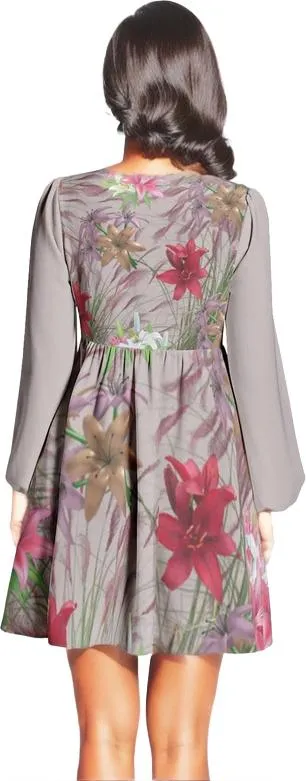 Mauve Gold Floral Lantern Sleeve Deep V-Neck Short Dress