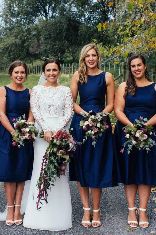 Navy Blue Tea Length Satin A-line Bridesmaid Dress