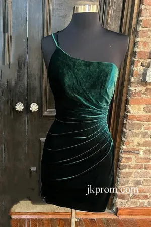 One Shoulder Emerald Green Velvet Bodycon Mini Dress,Mini Cocktail Dresses