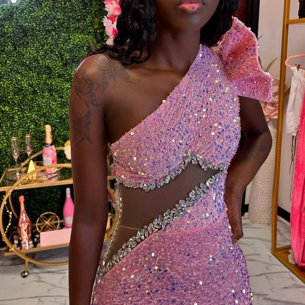 Pink Beaded Sequins Evening Dress,One Shoulder Celebrity Prom Party Red Carpet Gown Black Girl Formal