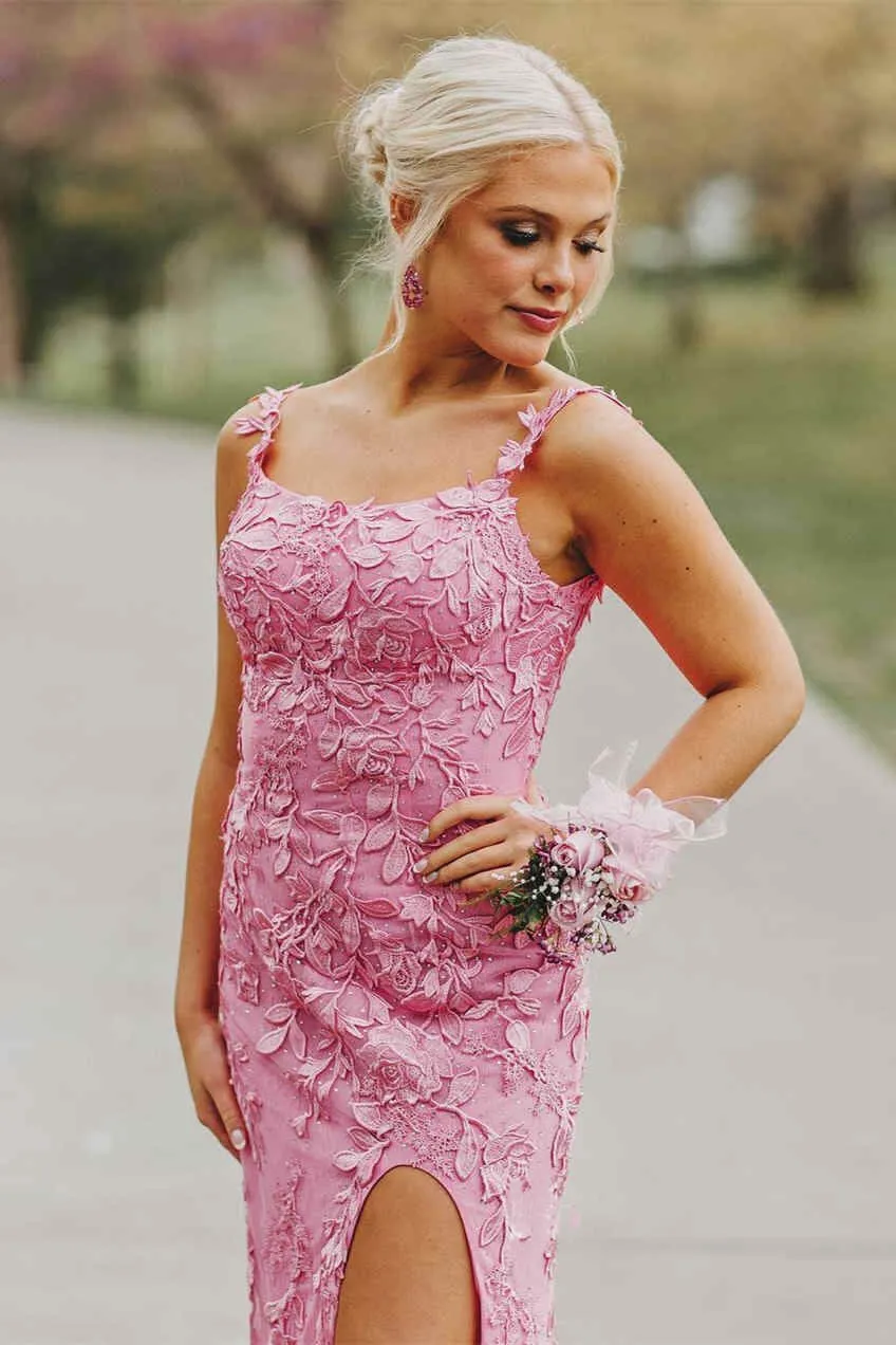 Pink Lace Appliqued Prom Dresses with Slit,Mermaid Spaghetti Strap Formal Dress