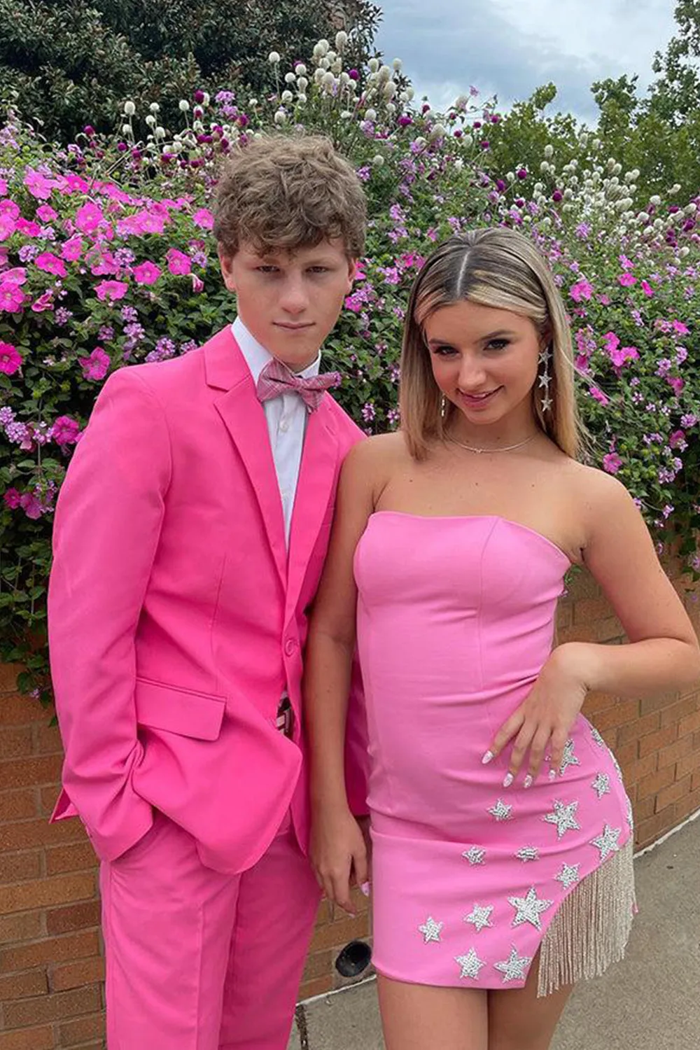 Pink Tight Homecoming Dress with Star and Fringes