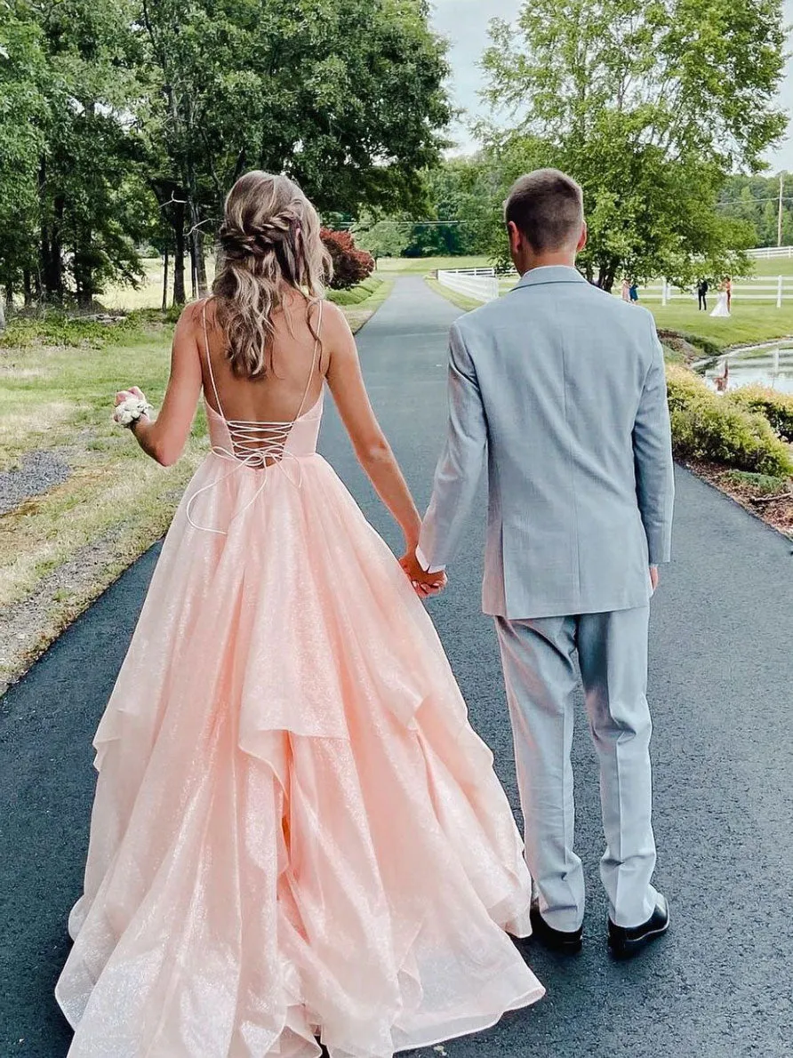 Pink V Neck Tulle Long Prom Dress,Sparkly Formal Dresses with Back Open