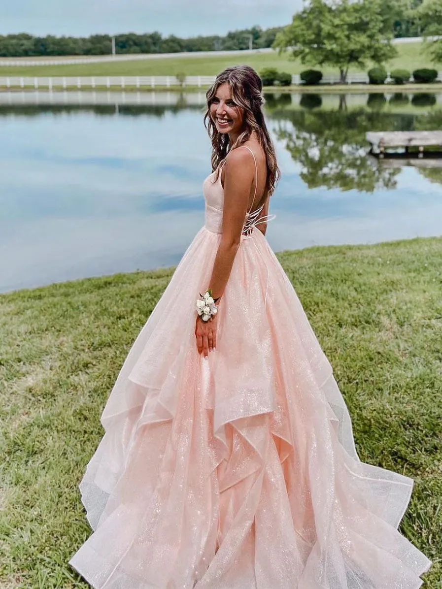 Pink V Neck Tulle Long Prom Dress,Sparkly Formal Dresses with Back Open