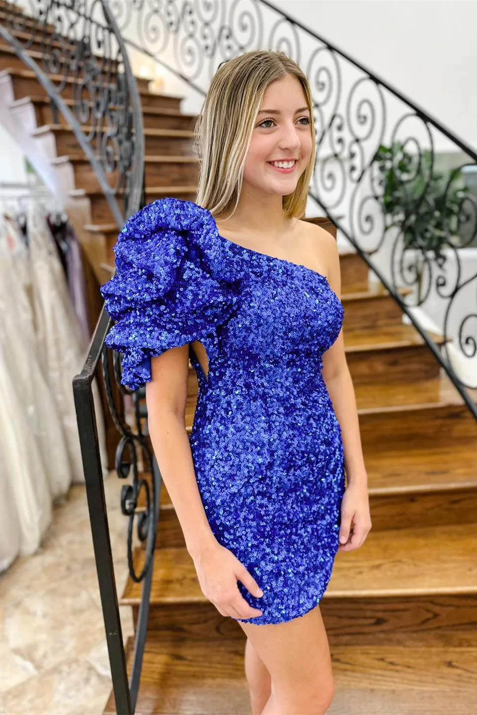 Royal Blue One Shoulder Puff Sleeve Sequins Sheath Cocktail Dress