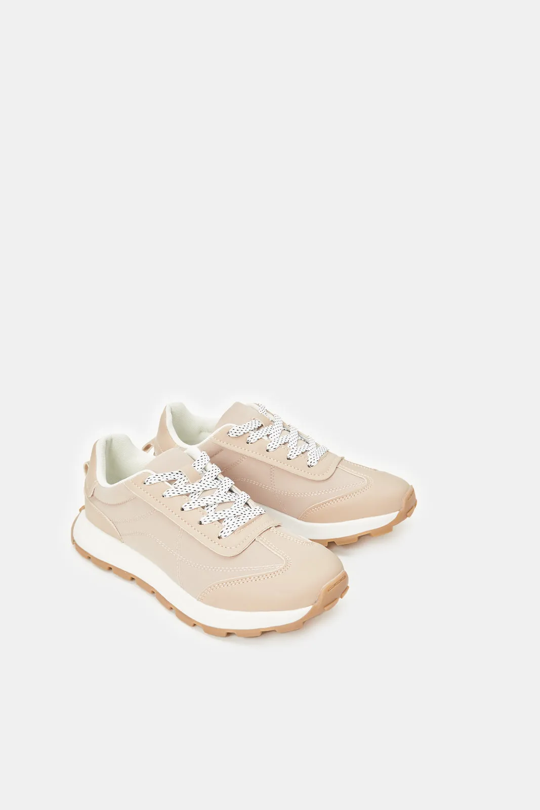 Senior Girls Beige Lace-Up Sneakers