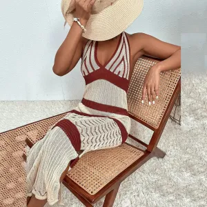 Sexy Halter V-neck Knitted Striped Bikini Swimsuit over Cover-up Beach Dress