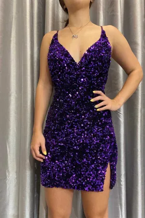 Sexy Purple Sequin V-Neck Short Bodycon Homecoming Dress with Slit