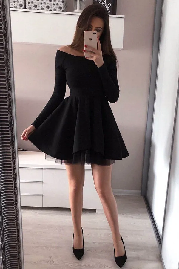 Simple Black Mini Long Sleeve Homecoming Dresses A Line Short Prom Dress