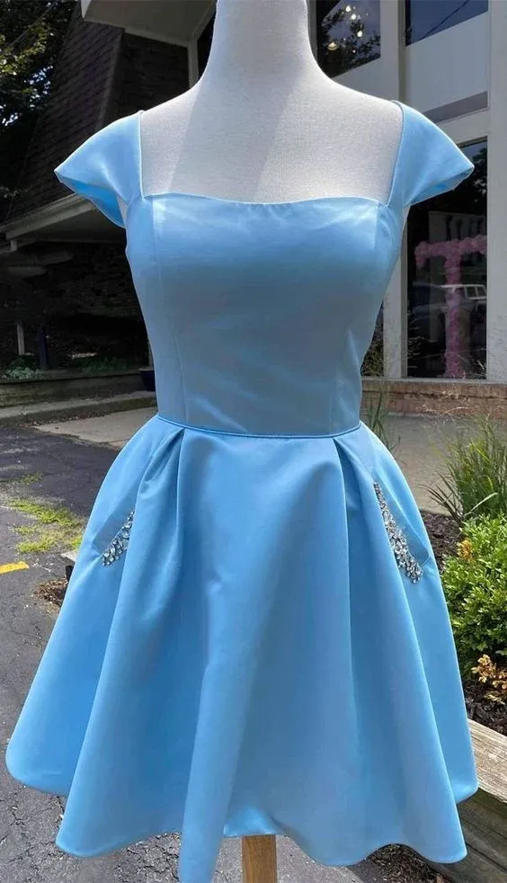 Sky Blue Satin Short Homecoming Dress With Pockets