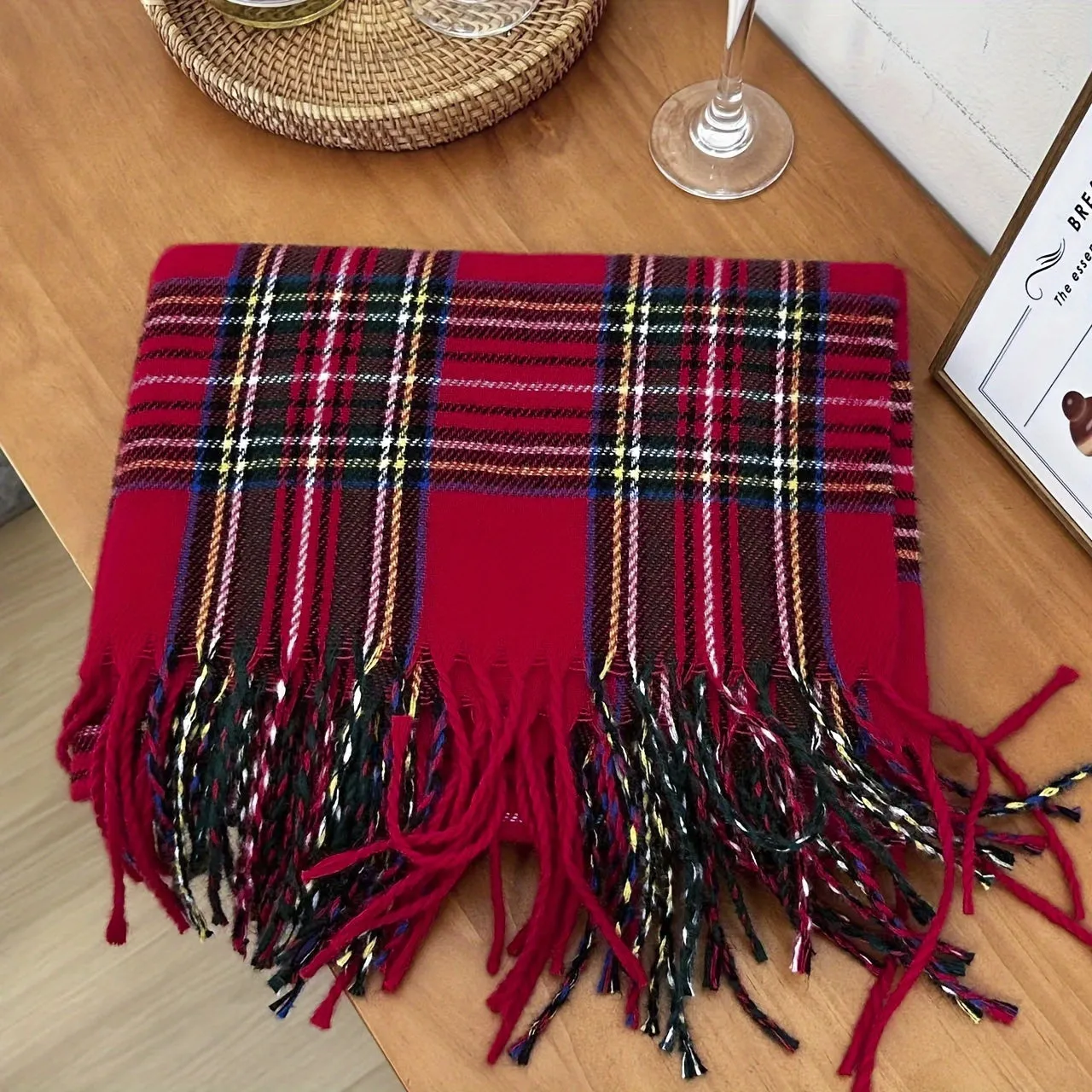 Stylish Red Plaid Tassel Scarf Shawl - Soft, Warm, Coldproof, Inelastic, Autumn and Winter Essential - Perfect for Outdoor Activities and Daily Wear