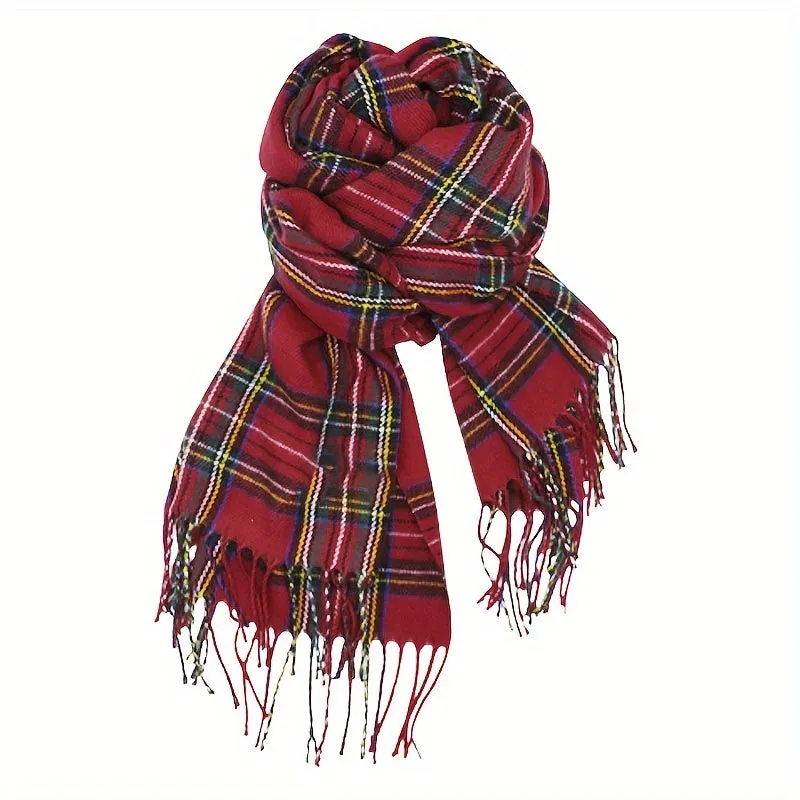 Stylish Red Plaid Tassel Scarf Shawl - Soft, Warm, Coldproof, Inelastic, Autumn and Winter Essential - Perfect for Outdoor Activities and Daily Wear