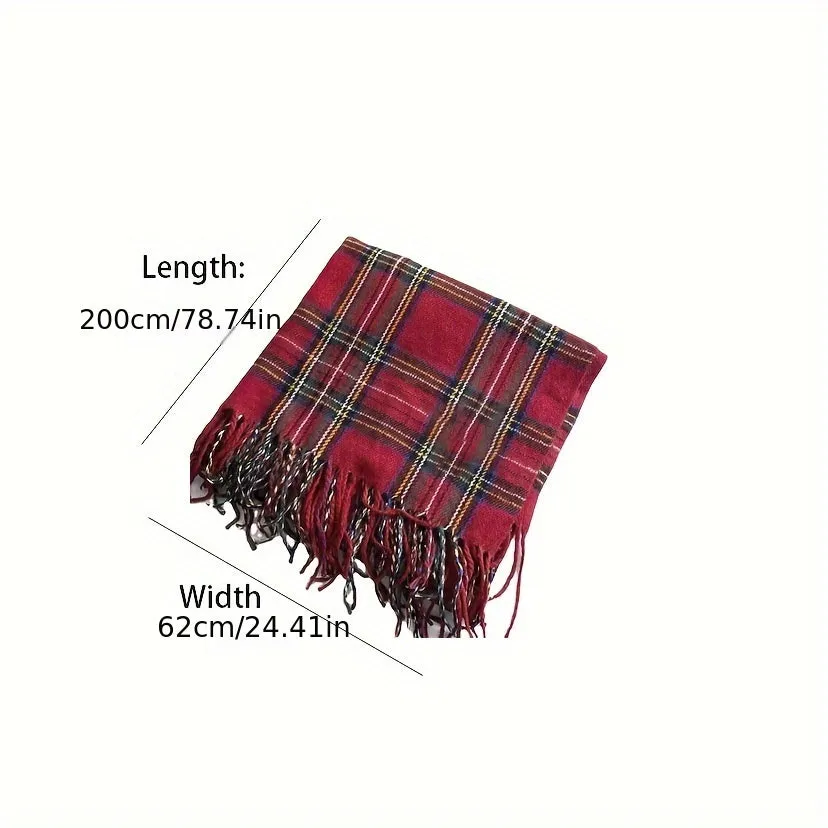 Stylish Red Plaid Tassel Scarf Shawl - Soft, Warm, Coldproof, Inelastic, Autumn and Winter Essential - Perfect for Outdoor Activities and Daily Wear