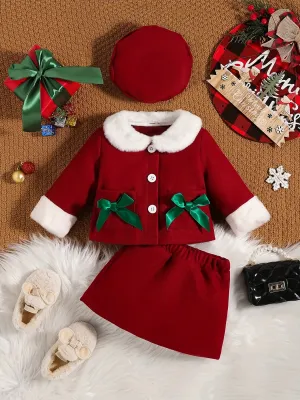 Toddler Baby Girls Cute Bow Single Breasted Coat Top   Skirt 2pcs Set With Hat For Fall Winter Outdoor Suit