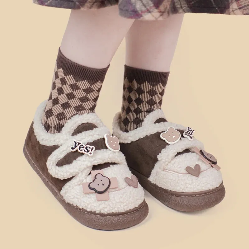 Ultra Soft Bear Charms Velcro Strap Plush Shoes - Women's