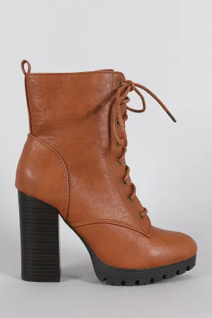 Wild Diva Lounge Almond Toe Lace Up Combat Heeled Platform Ankle Boots