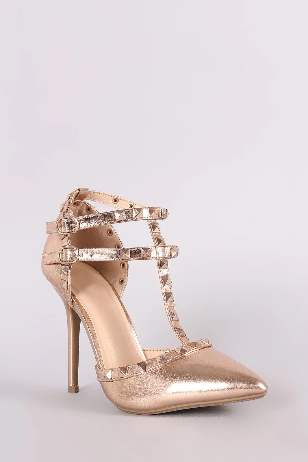 Wild Diva Lounge Metallic Studded T-Strap Pointy Toe Pump