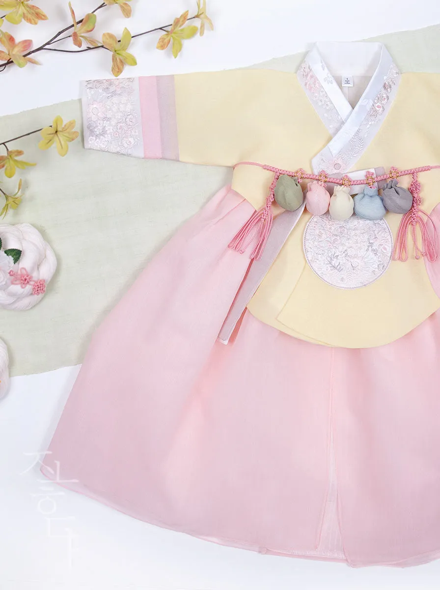 Wild Flower Baby Girl Hanbok in Yellow & Light Pink