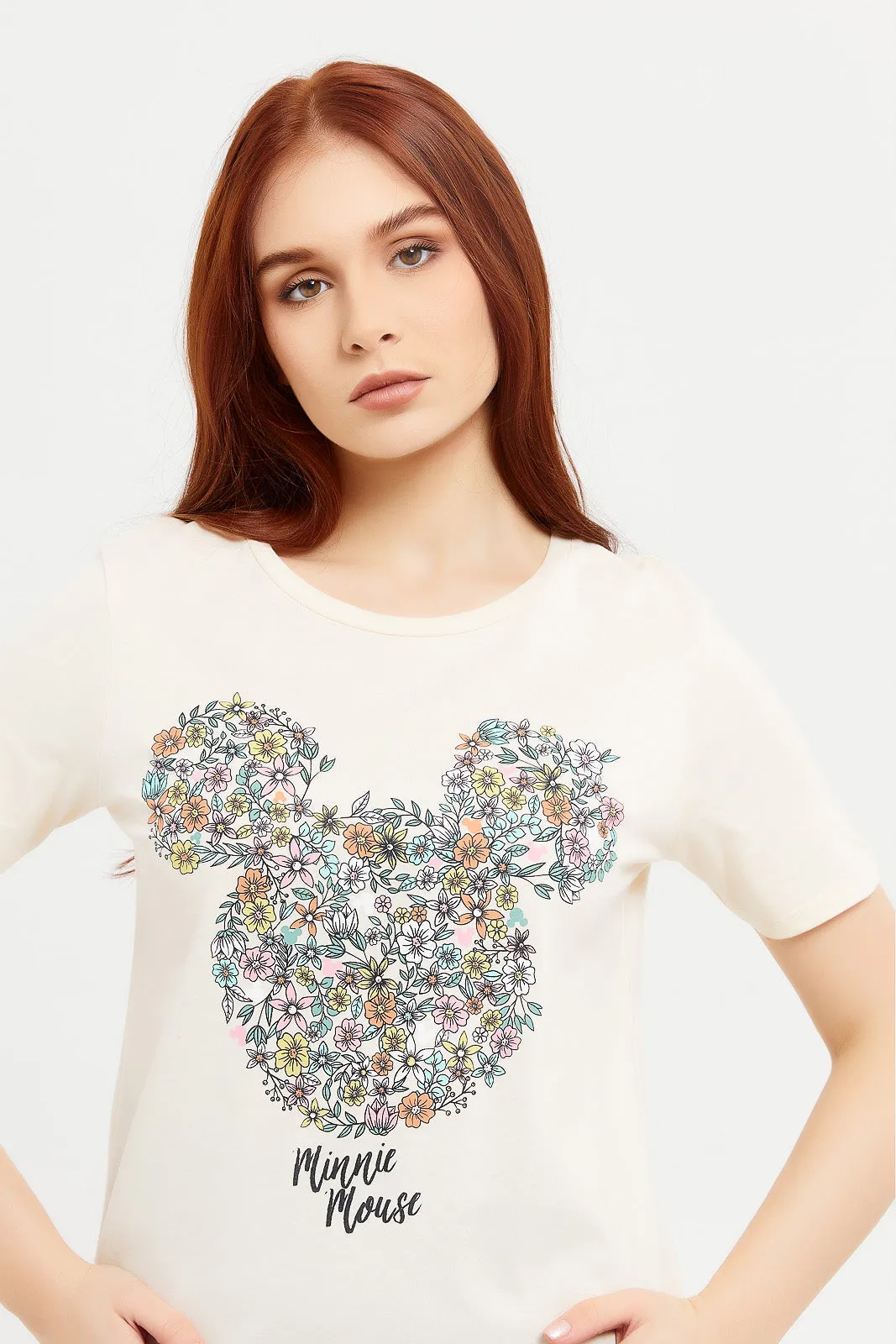 Women Cream Minnie Mouse Printed T-Shirt