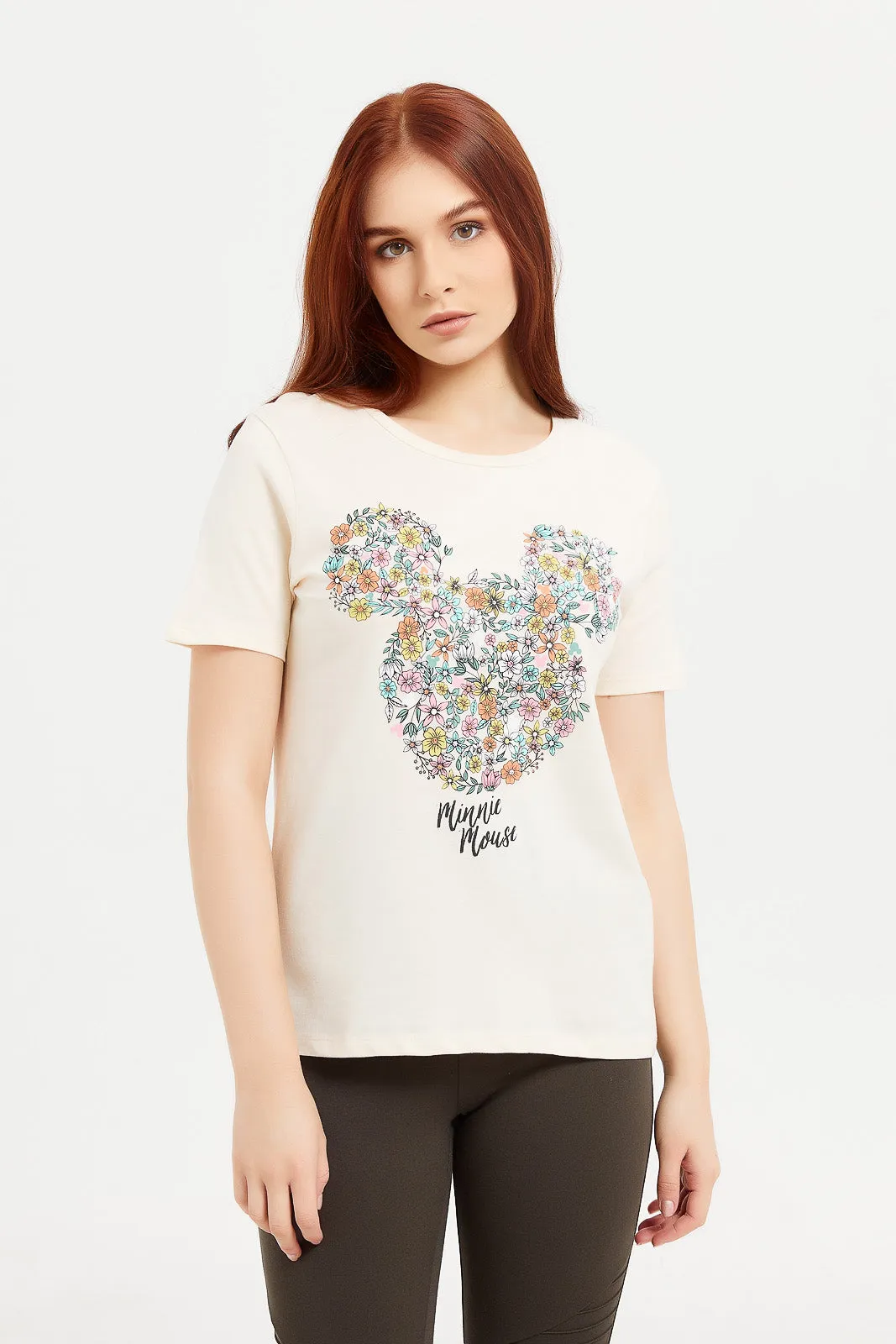 Women Cream Minnie Mouse Printed T-Shirt