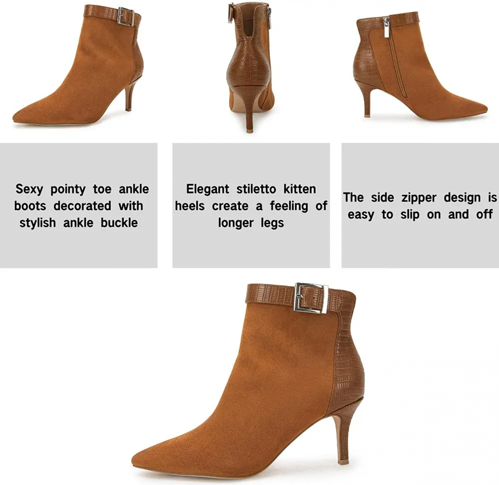 Women's Pointed Toe Stiletto Ankle Booties Kitten Heels Side Zipper Ankle Buckle Strap Winter Boots